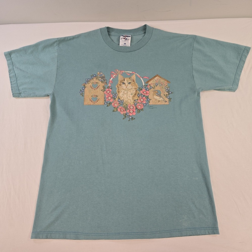 Vintage Cat And Bird House Floral T-shirt Size Large Endless Design Teal Pink